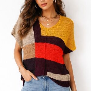 BCBGMAXAZRIA Colorblock Knit Sweater Top Sz Medium Boho Modern Artsy Open Weave
